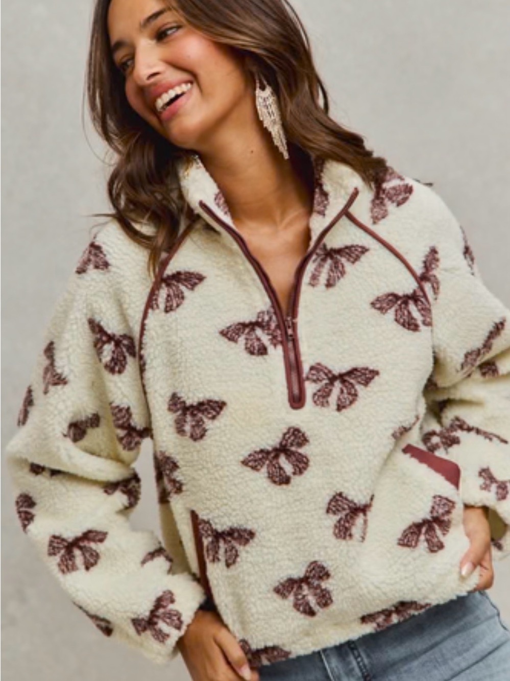 160 Cozy Cream Fleece Pullover with Brown Bow  Print - Picture 3 of 4